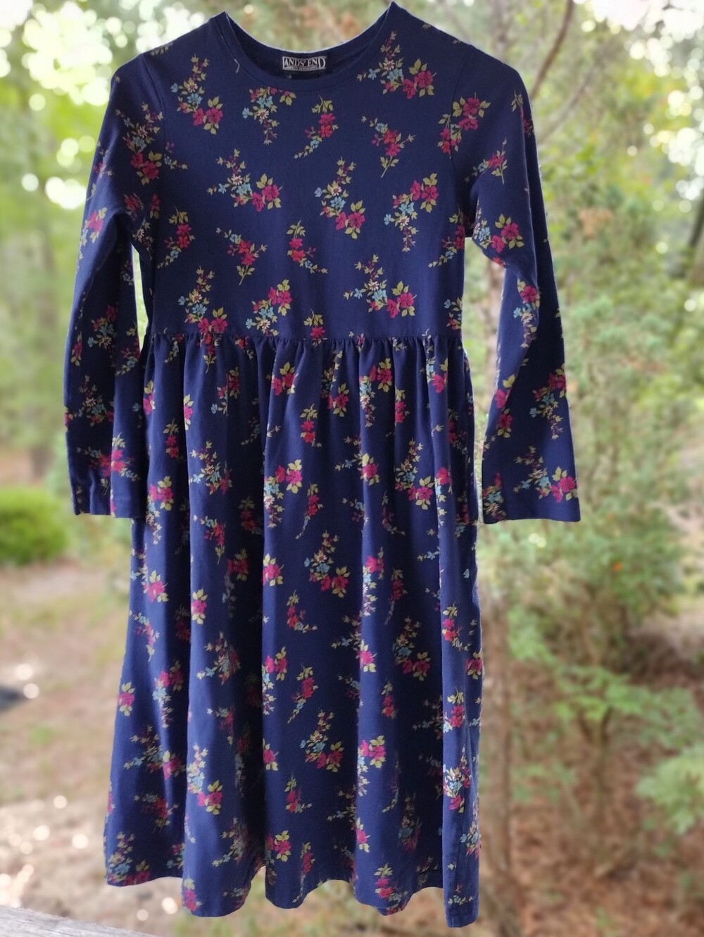 Lands' End Navy Floral Long Sleeve Knit 100 Percent Cotton Dress